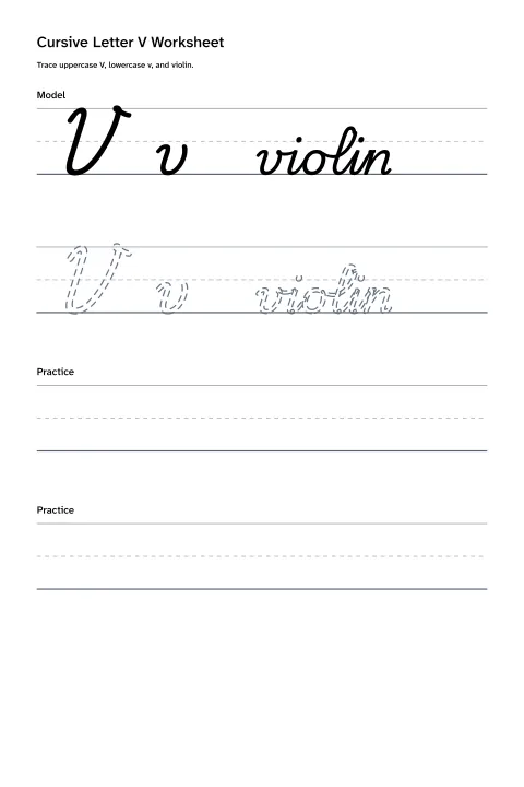 Printable cursive letter V worksheet with uppercase V, lowercase v, and violin practice