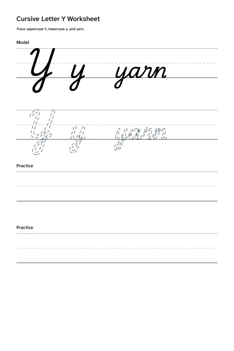 Printable cursive letter Y worksheet with uppercase Y, lowercase y, and yarn practice