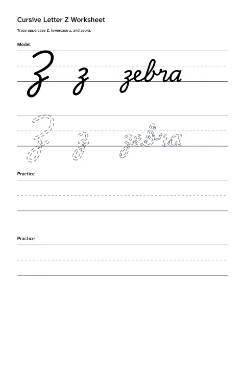 Printable cursive letter Z worksheet with uppercase Z, lowercase z, and zebra practice