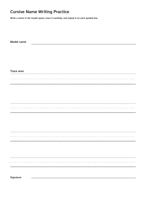 Printable cursive name writing worksheet with model, tracing, and signature practice lines