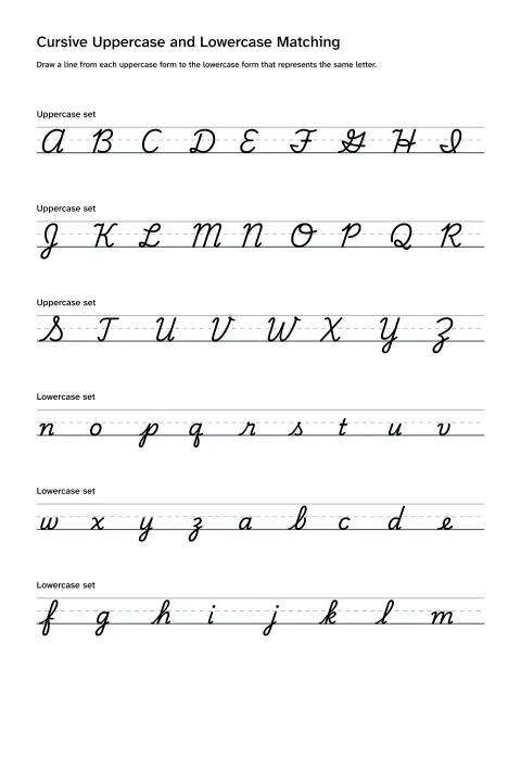 Printable cursive matching worksheet pairing uppercase and lowercase alphabet letters