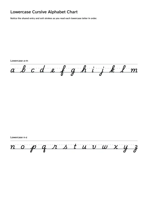 Printable chart of lowercase cursive letters from lowercase a through lowercase z