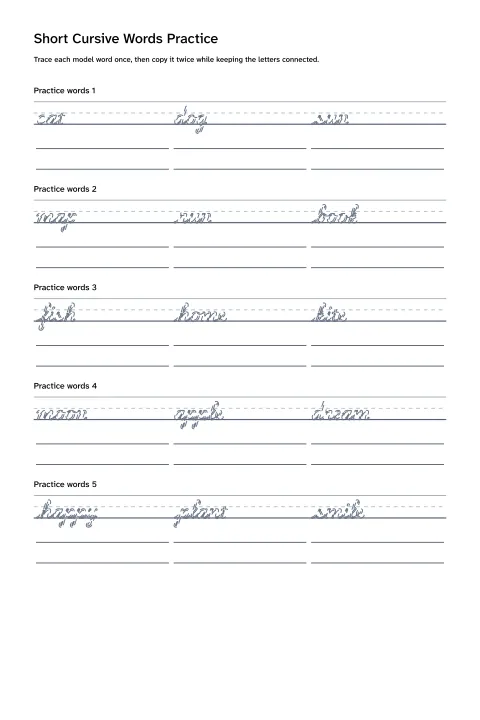 Printable cursive practice worksheet with short words for tracing and independent writing