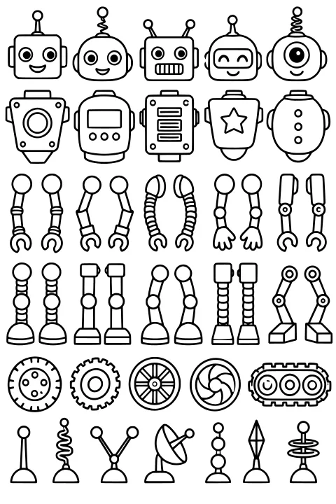 Assorted robot heads, bodies, arms, legs, wheels, tracks, claws, feet, and antenna pieces arranged in rows.