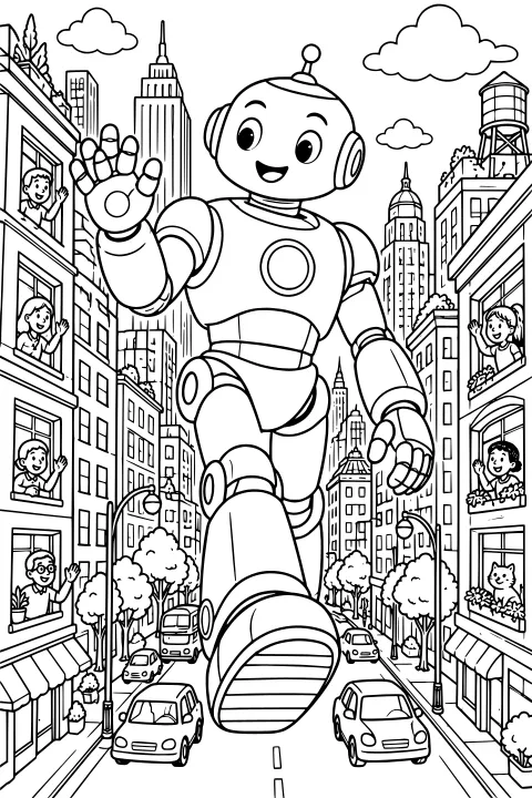 A towering robot walks down a city street with one hand raised as people wave from windows, surrounded by cars, trees, streetlights, skyscrapers, and a rooftop water tower.