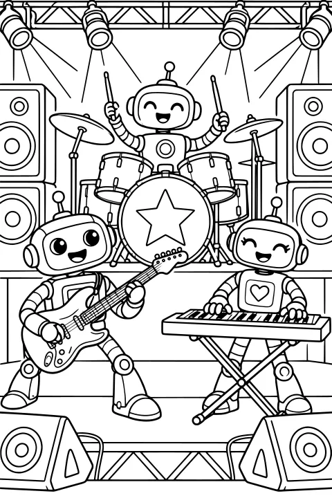 Robot band performing with drums, electric guitar, and keyboard on a stage surrounded by spotlights and large speakers.