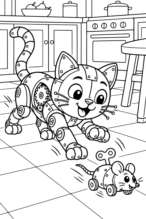 Robot cat with jointed paws, a segmented tail, and exposed gears chasing a wind-up robot mouse across a tiled kitchen floor.