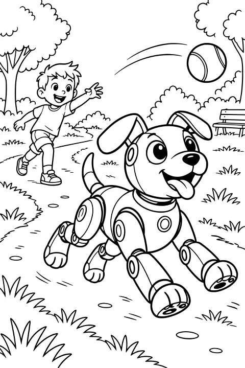 Robot dog running toward a ball on a park path, with a child, trees, bushes, grass, and a bench in the background.