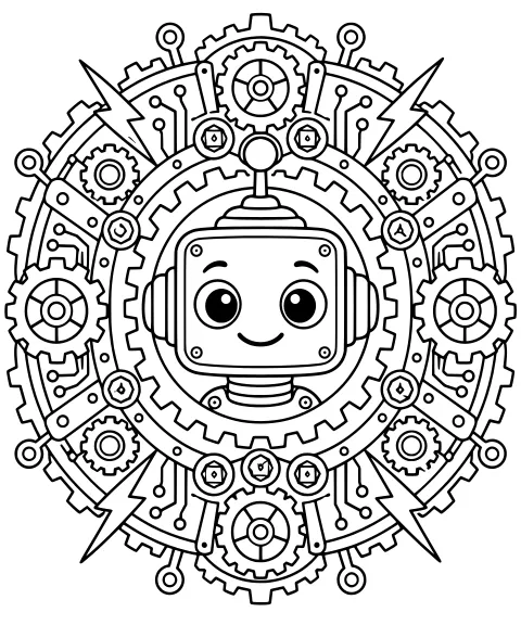 Round robot head with large eyes and a curved mouth, surrounded by concentric gears, circuit panels, rivets, antenna-like nodes, and lightning-bolt shapes.