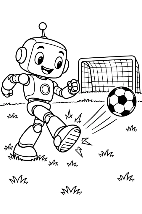 Antenna-topped robot kicking a soccer ball toward a netted goal on a field dotted with tufts of grass.