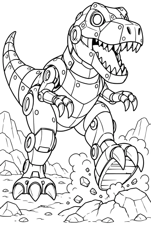 Mechanical T-Rex with open jaws, segmented armor, circular joints, raised claws, and a lifted foot among rocks and dust clouds.