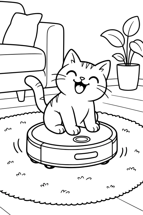 Cat with closed eyes and an open mouth sitting on a round robot vacuum on a scalloped rug, with a sofa and potted plant in the background.
