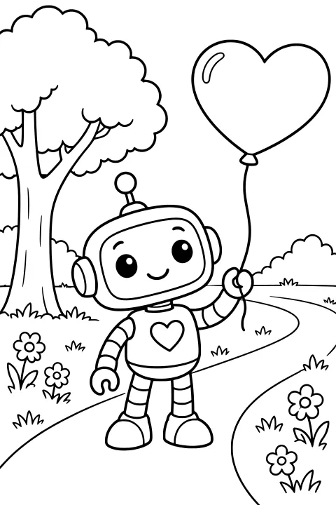 Robot holding a heart-shaped balloon on a winding path, surrounded by a large tree, bushes, grass, and flowers.