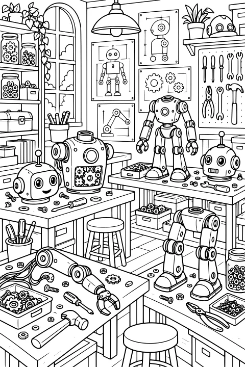A detailed robot workshop with robots, mechanical parts, gears, tools, workbenches, shelves, storage jars, diagrams, stools, a window, and a hanging lamp.