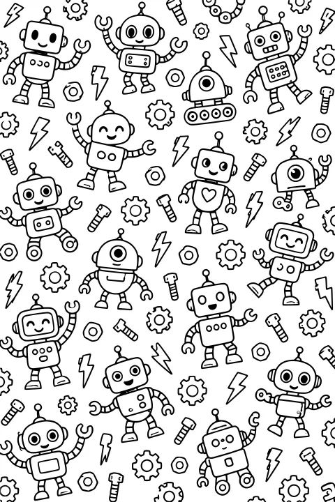Pattern of assorted robots with antennae, claw hands, wheels, tracks, gears, screws, hex nuts, and lightning bolts.