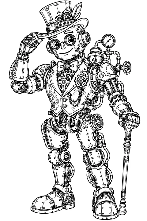 Ornate mechanical robot tipping a feathered top hat and holding a cane, with gears, rivets, pipes, a bow tie, vest, and pressure gauge.