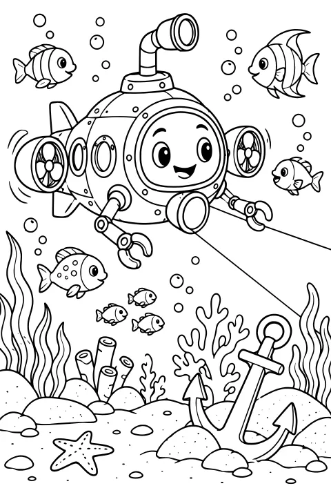 Underwater robot with propellers, claw arms, a periscope, and a front light surrounded by fish, bubbles, sea plants, coral, rocks, a starfish, and an anchor.