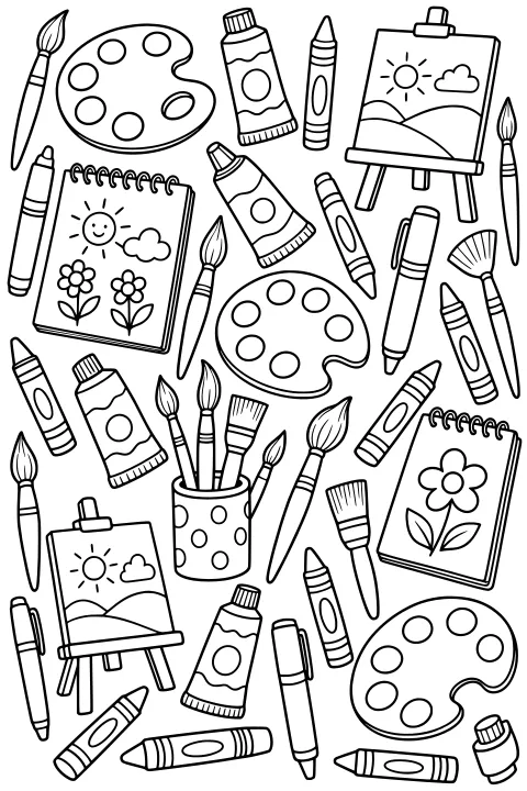 Black-and-white doodle pattern of paint palettes, brushes, crayons, tubes, sketchbooks, easels, markers, pencils, and a dotted brush cup.