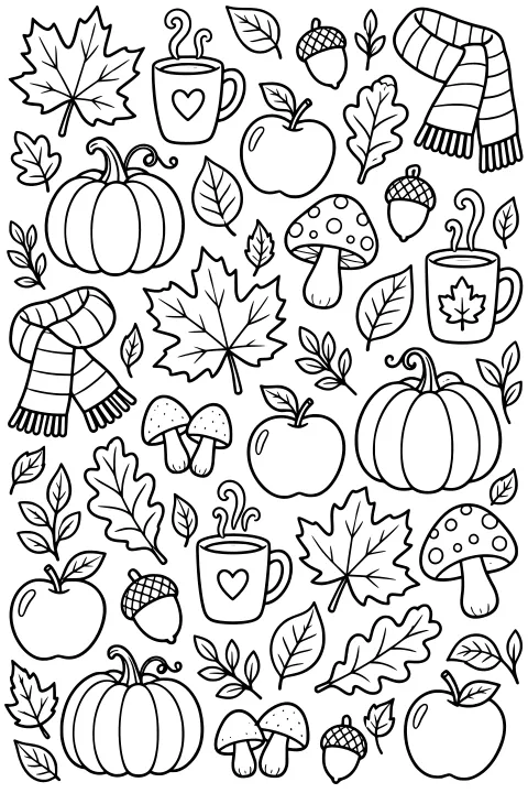 Autumn doodles with pumpkins, apples, steaming mugs, scarves, acorns, mushrooms, maple leaves, oak leaves, and leafy sprigs.