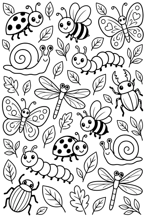 Black-and-white doodle pattern of ladybugs, bees, butterflies, caterpillars, beetles, dragonflies, snails, and scattered leaves.