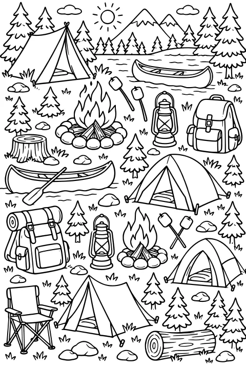 Black-and-white line art of tents, canoes, campfires, backpacks, lanterns, roasting sticks, pine trees, mountains, rocks, a chair, a stump, and a log.