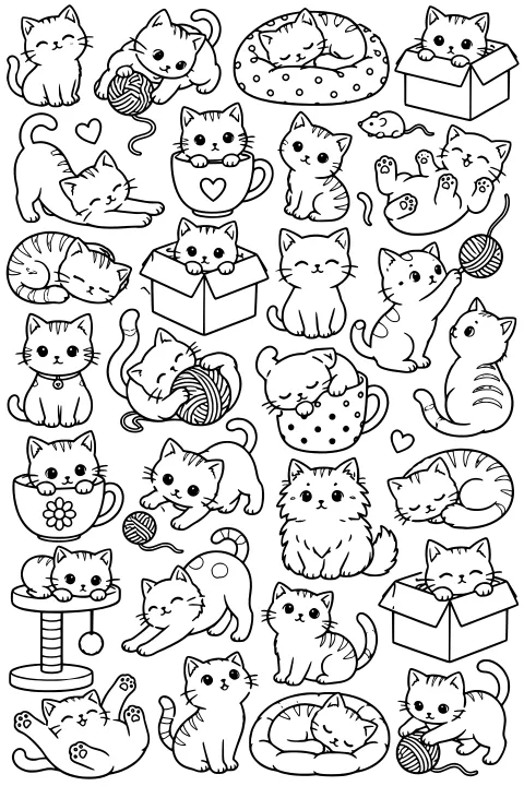 Black-and-white line art of cats sitting, stretching, sleeping, hiding in boxes and cups, and playing with balls of yarn.