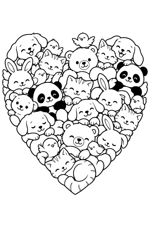 Heart-shaped cluster of animal doodles, including cats, dogs, rabbits, pandas, bears, and small birds with rounded faces, paws, floppy ears, and striped markings.
