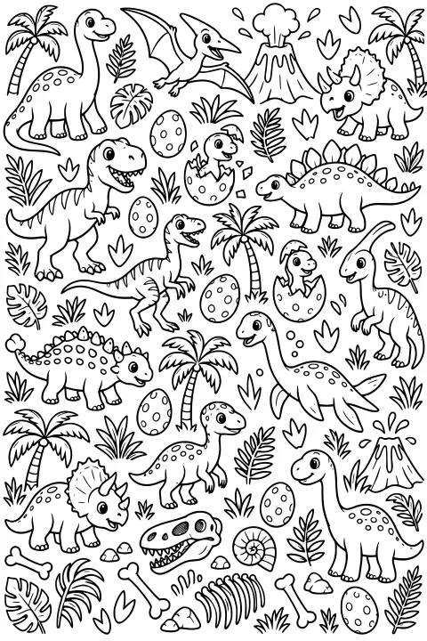 Black-and-white line art packed with dinosaurs, a flying reptile, hatching eggs, volcanoes, palms, footprints, bones, and fossils.