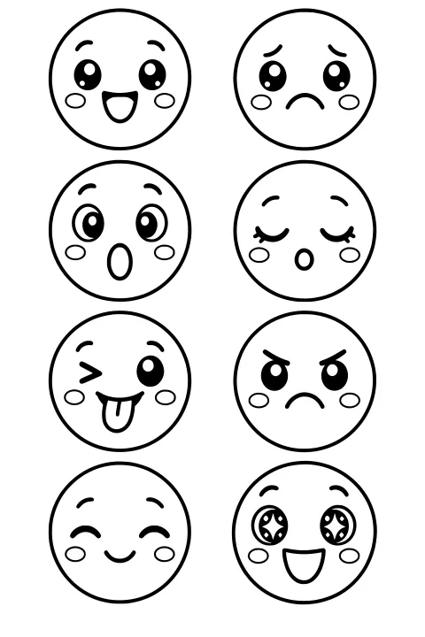 Eight round faces arranged in a grid with varied eyes, eyebrows, cheek ovals, and mouth shapes.