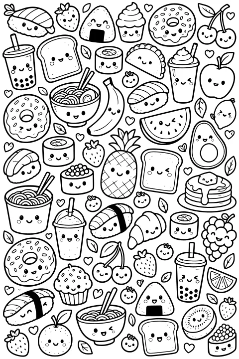 Cute smiling food doodles with sushi, fruit, doughnuts, drinks, noodle bowls, toast, pancakes, hearts and leaves.