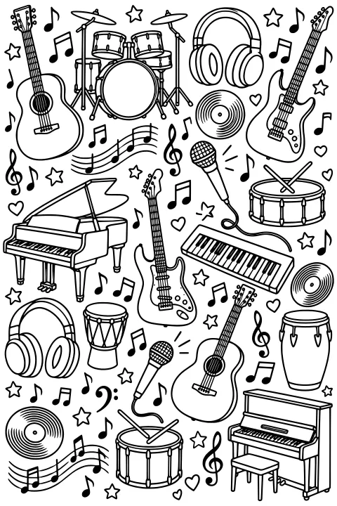 Collage of guitars, pianos, drums, keyboards, microphones, headphones, records, musical notes, stars, and hearts.