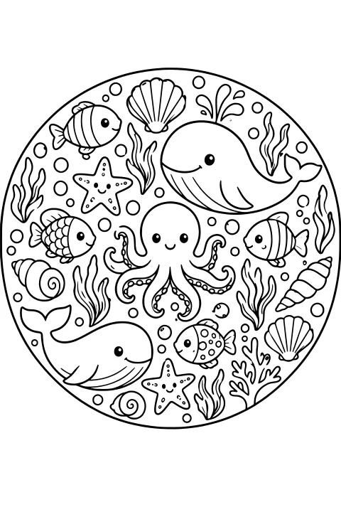 Circular underwater line art with an octopus, whales, fish, sea stars, shells, seaweed, coral, and bubbles.