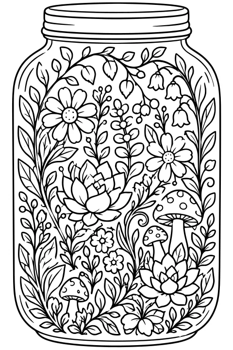 Lidded jar filled with flowers, spotted mushrooms, leafy branches, buds, bell-shaped blooms, and curling vines.