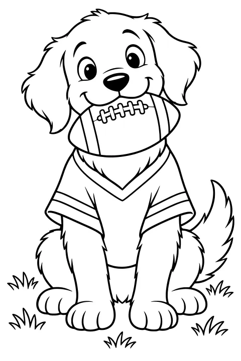 Floppy-eared dog wearing a striped football jersey and holding a laced football in its mouth while sitting among grass tufts.