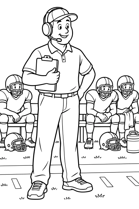Football coach with a cap, headset, and clipboard standing in front of seated football players, helmets, a bench, and sideline equipment.