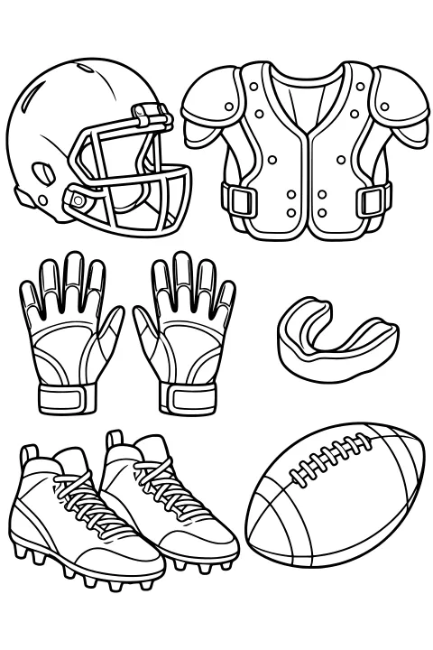 Line art collection of a football helmet, shoulder pads, gloves, mouthguard, cleats, and a laced football.