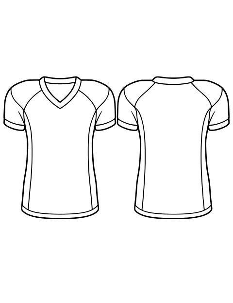 Blank football jersey shown from the front and back with short sleeves, curved shoulder seams, cuffs, a V-neck and a rounded back collar.