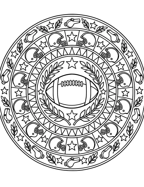 Circular football mandala with a laced ball in the center, surrounded by leafy branches, stars, helmets, whistles, and geometric borders.