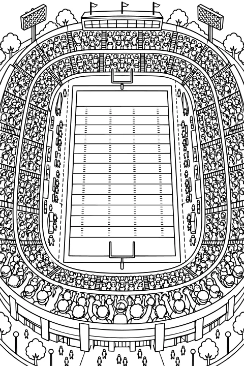 Overhead view of a football field with goalposts, tiered stands full of spectators, floodlights, flags, trees and people outside the stadium.