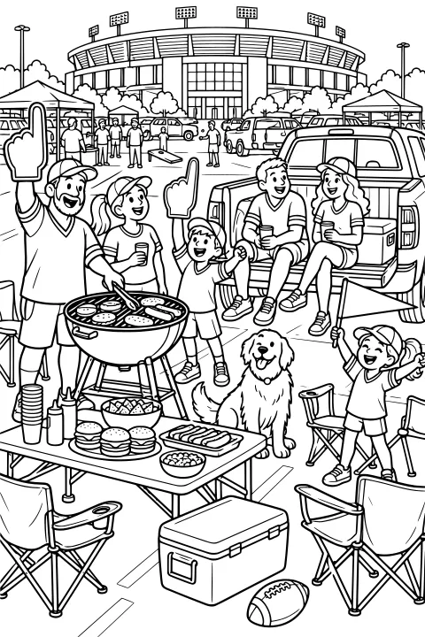 Crowded stadium parking lot with people grilling beside a pickup truck, children waving foam fingers, guests seated on the tailgate, a dog near a snack table, and a football on the ground.