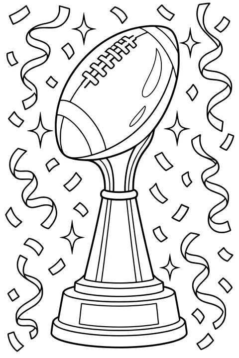 American football atop a tall trophy with a tapered stem, layered base, blank plaque, curling streamers, confetti, and sparkling shapes.