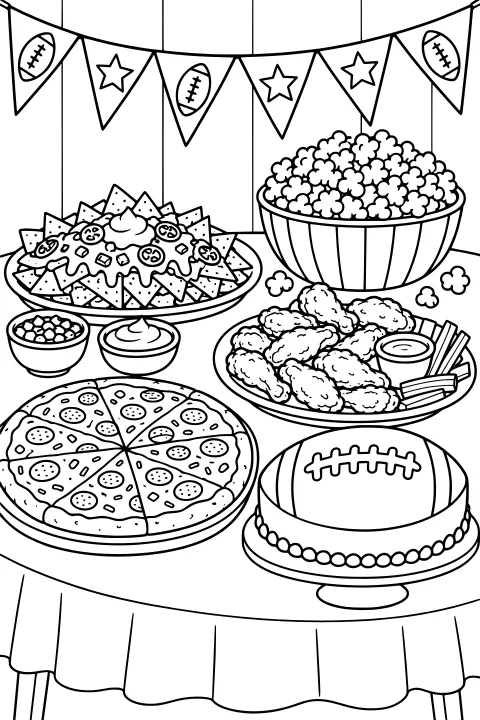 Round snack table with pizza, nachos, popcorn, fried snacks, fries, dips, and a football-shaped cake beneath football-and-star pennants.