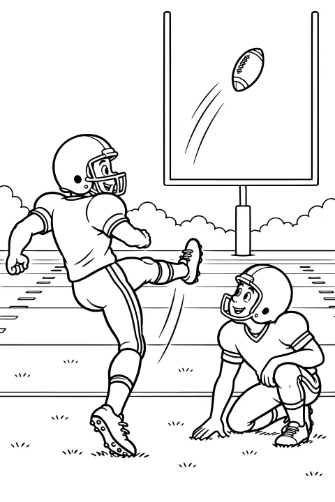 Helmeted football kicker following through as the ball flies toward the goalposts while a kneeling holder watches from the field.