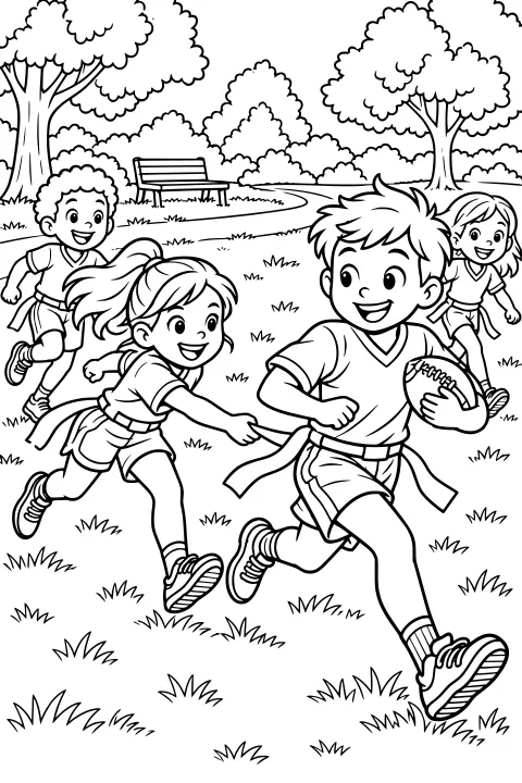 Kids running across a grassy park during a flag football game, with one child carrying the football and another reaching toward a waist flag.