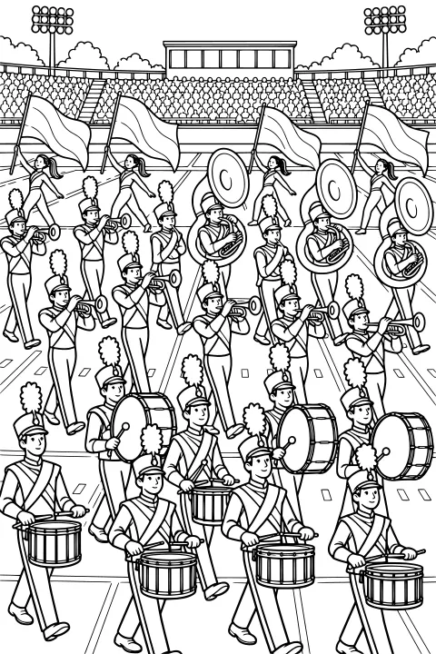 Marching band musicians with brass instruments and drums performing on a stadium field as flag bearers move behind them and spectators watch from the stands.