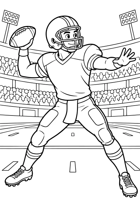 Helmeted football player holding a ball in a passing pose on a marked field, with stadium spectators and floodlights in the background.