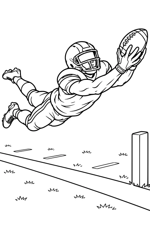 Helmeted football receiver diving with outstretched arms to catch a football near the sideline, with cleats lifted behind and a boundary pylon at the field edge.