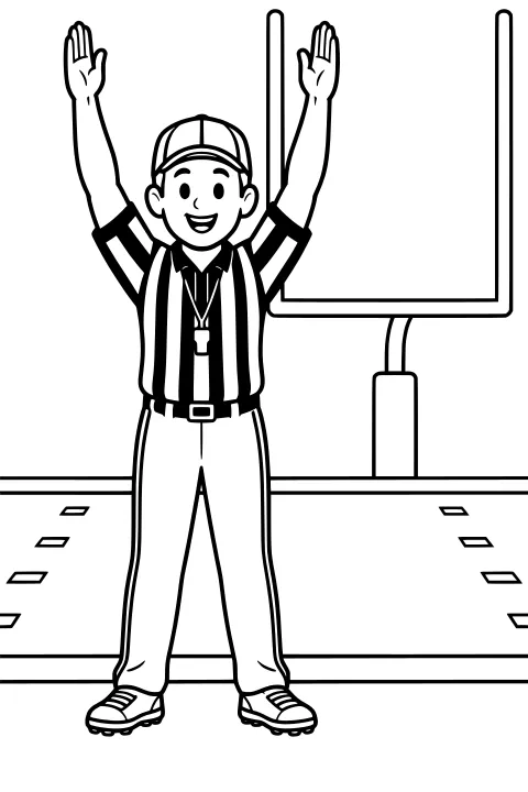 Football referee raising both arms beneath a goalpost, wearing a striped uniform, cap, whistle, belted pants, and cleated shoes.