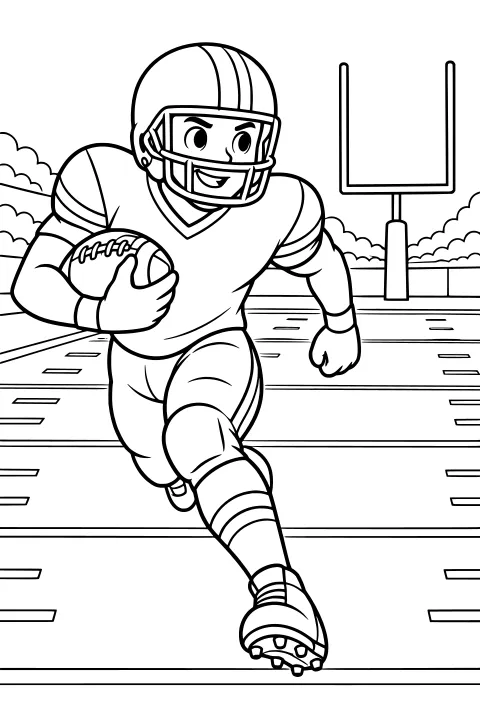Helmeted football player carrying a laced ball while sprinting across a marked field, with stadium rails and a goalpost in the background.