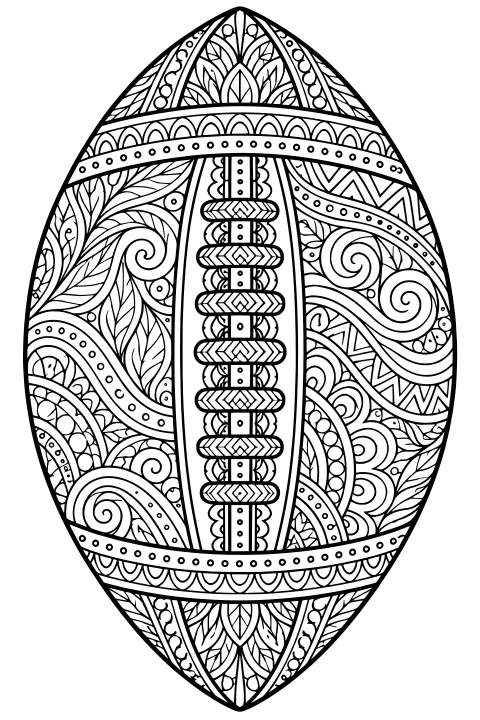 Intricate football line art with central laces, curved decorative bands, spirals, leaves, dots, chevrons, and scalloped patterns.